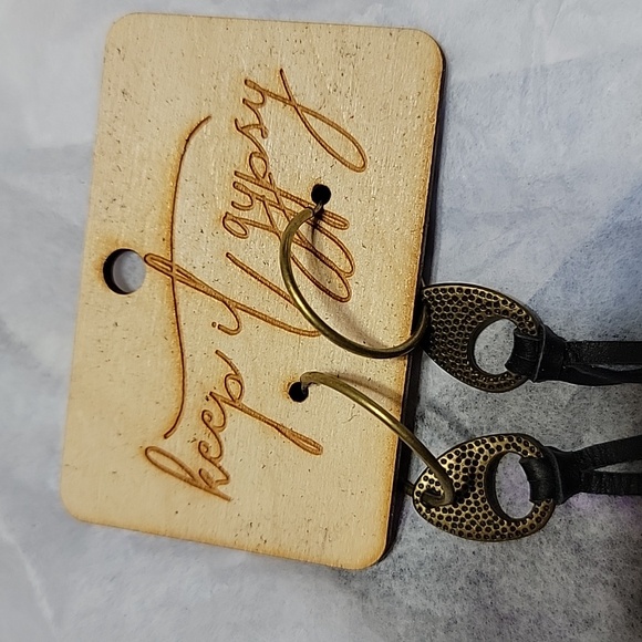 Keep It Gypsy Leather Tassels Dangle Earrings Long Black Rustic Circle Hoops - Picture 6 of 9